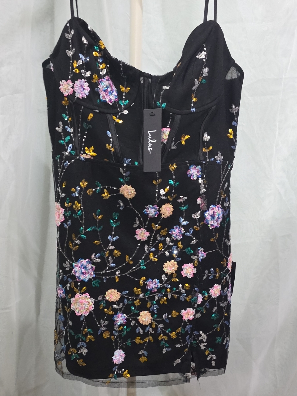 NWT Lulus Shimmering Beauty Black Mesh Sequin Bustier Mini Dress Medium ✨